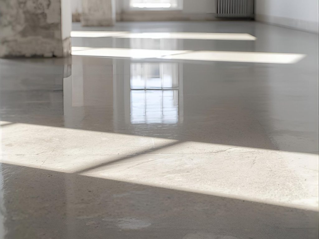 Modern polished cement floor with rug, blending style and durability – cement polishing floors Houston