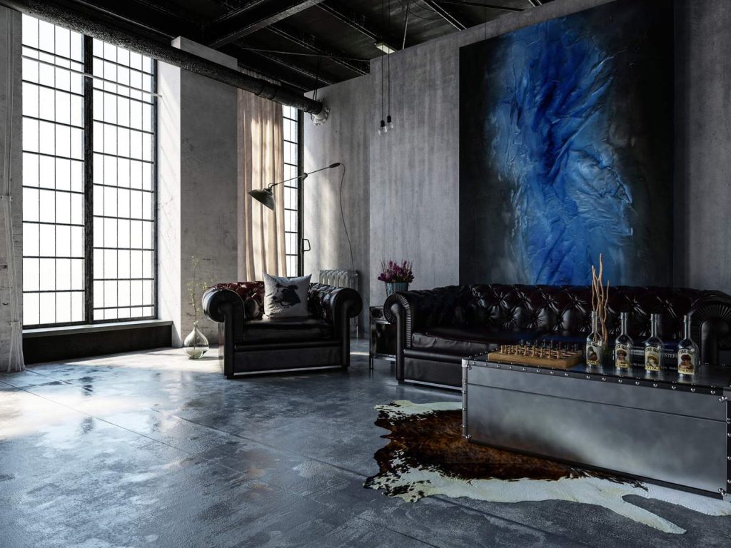 Shiny polished cement floor by expert contractors in a modern Houston home.