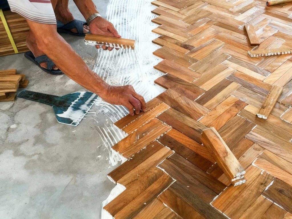 ee a craftsman installing polished cement floors in Houston with precision, creating a stunning herringbone pattern for elegance.