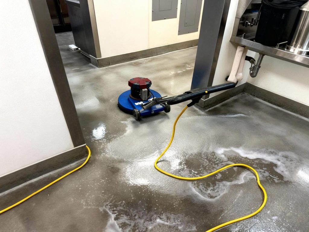Watch a professional clean and polish refinished cement flooring in Houston using advanced equipment for a smooth, durable finish.
