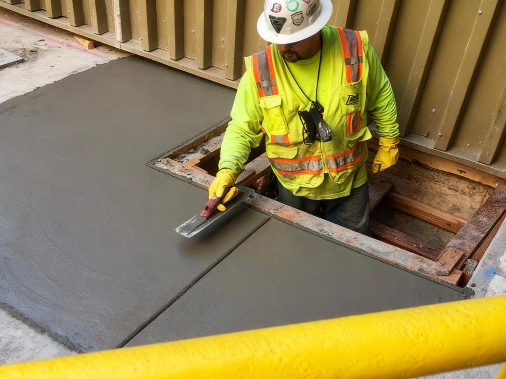 Watch a skilled worker apply cement polishing services in Houston, smoothing fresh concrete with precision for a durable finish.