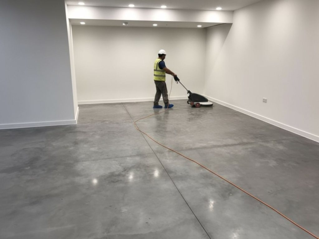 See an expert using advanced tools for cement polishing services in Houston, creating a sleek, polished floor in a bright space.