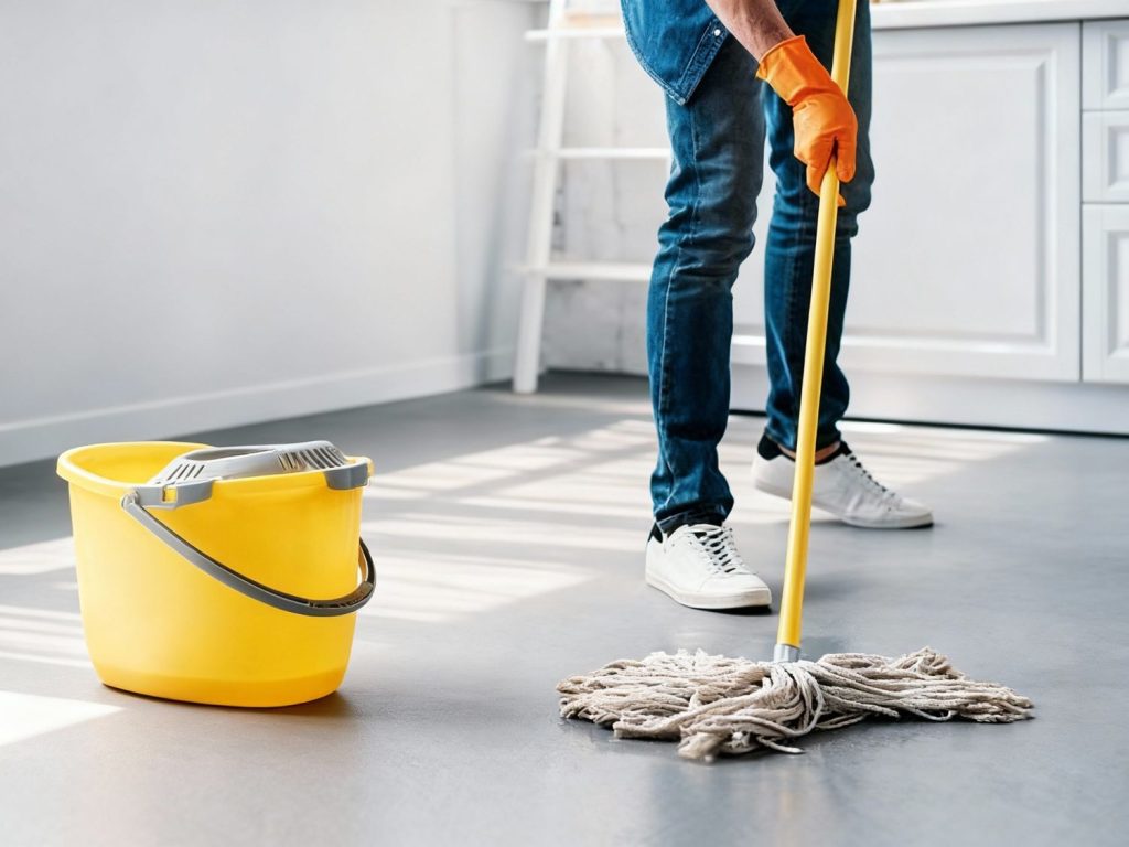 See a professional cleaning a polished floor with a mop and bucket, showcasing concrete polishing company skills in Houston.