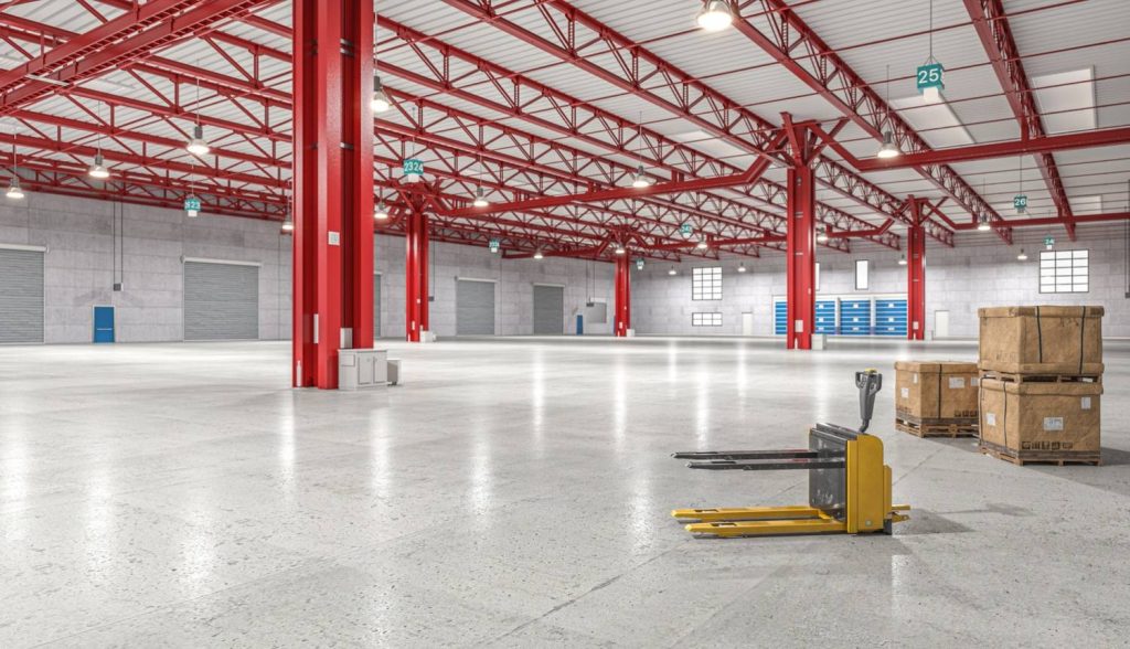 Clean, vast warehouse with a light grey, high-gloss polished concrete floor by cement polishing contractors Houston.