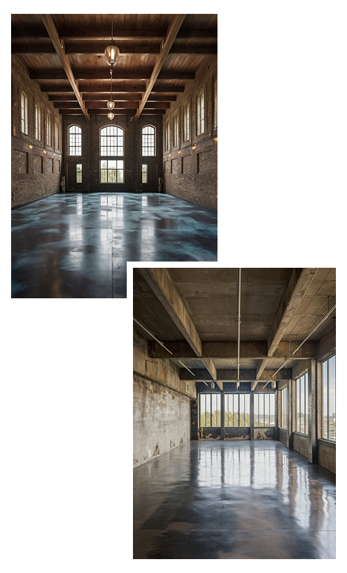 Spacious industrial event hall with reflective polished concrete floors by a trusted cement polishing company Houston