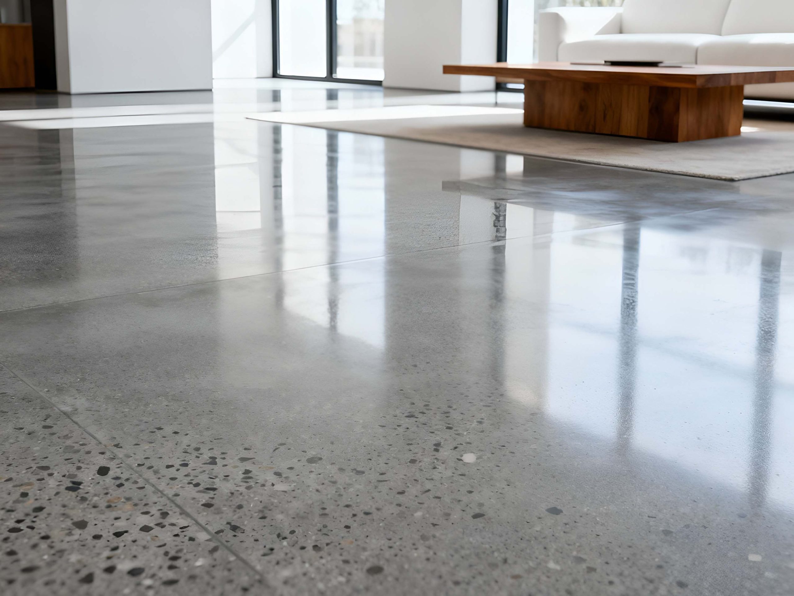 Modern residential interior with high-gloss polished concrete flooring finished by a professional cement polishing company Houston