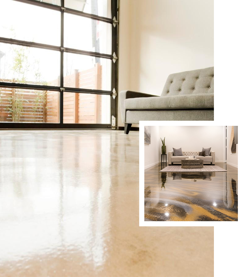 Cement polishing flooring Austin in a modern interior, featuring glossy polished concrete floors that enhance durability, brightness, and upscale design.