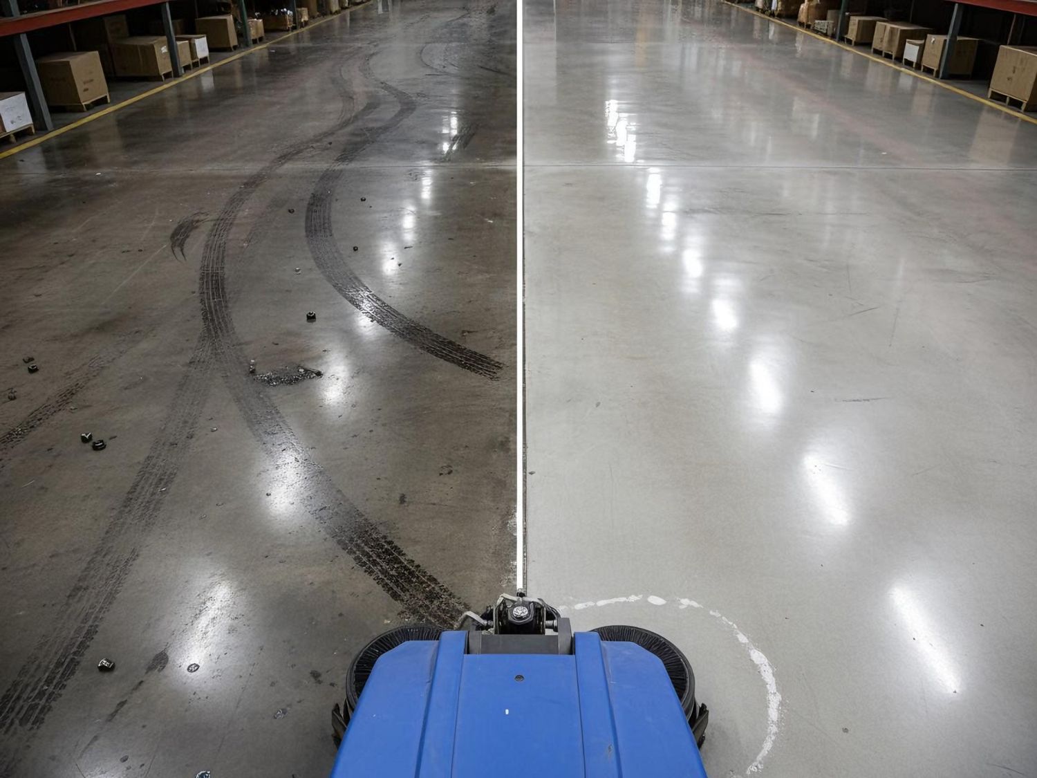 Large industrial warehouse floor transformation handled by professional polished concrete contractors Houston.