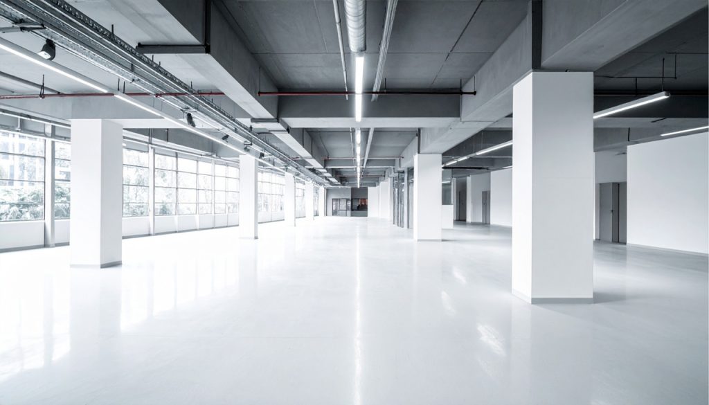 Bright white refinished cement flooring Houston office space featuring an open industrial layout and clean finish.