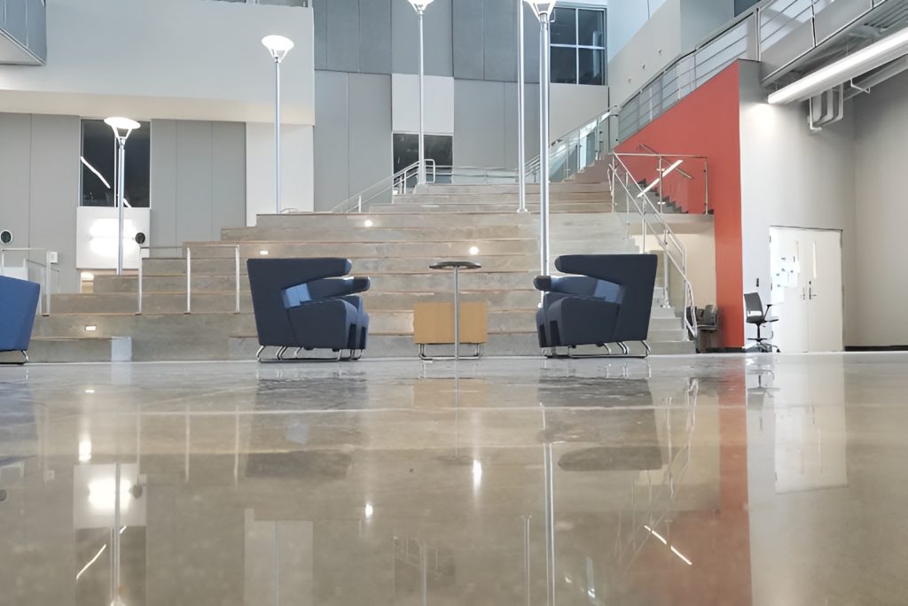Sleek commercial lobby floors installed by top polished concrete contractors Houston for a modern look.