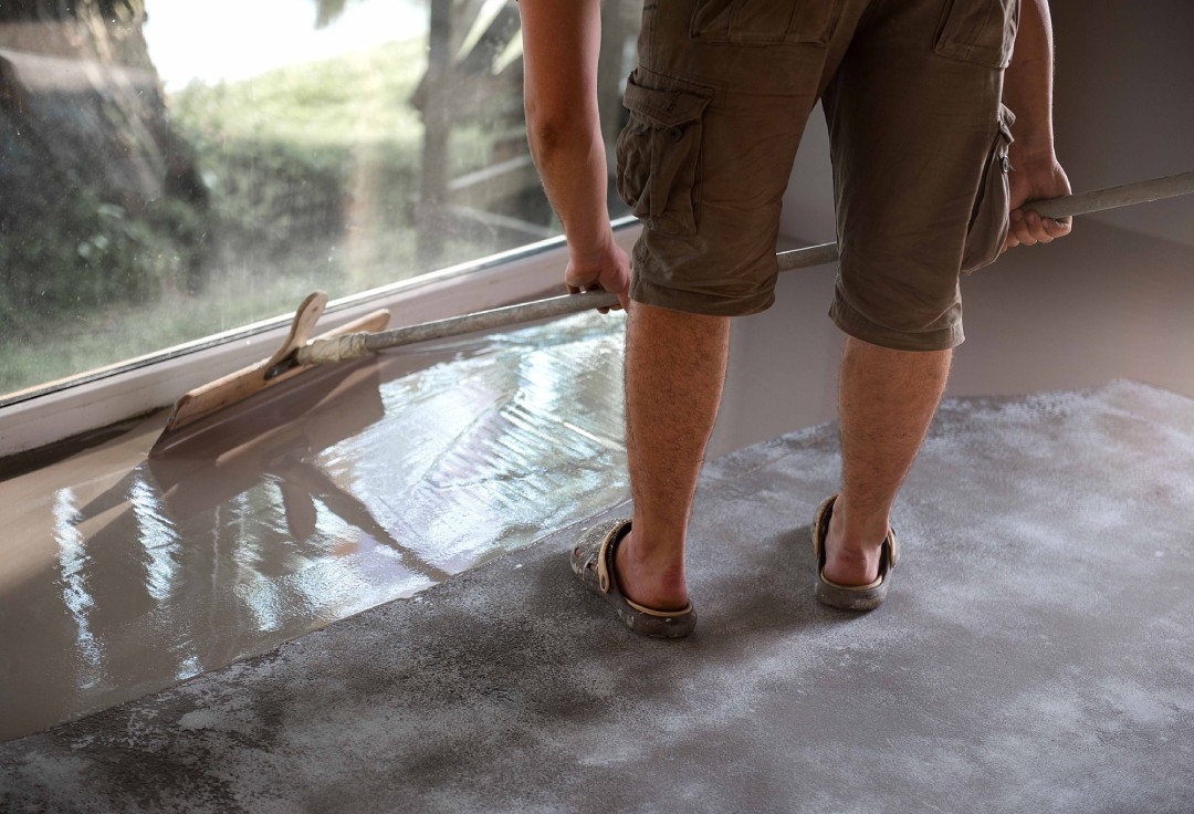 Professional applying a protective top coat sealant to refinished cement flooring Houston residential interiors.