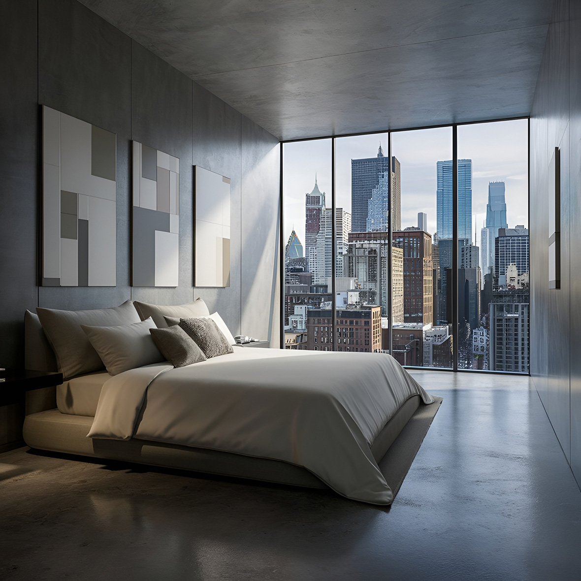 Modern hotel room featuring elegant concrete flooring finished by polished cement services San Antonio for upscale, low-maintenance interiors