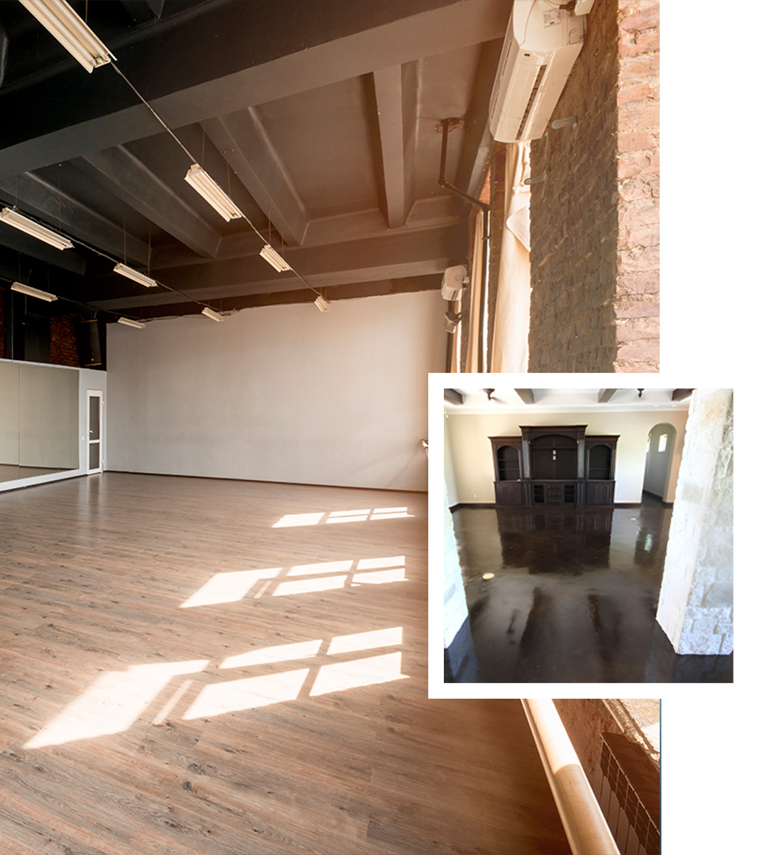 Shiny cement flooring Dallas in a spacious commercial interior, delivering a smooth reflective finish with modern industrial style.