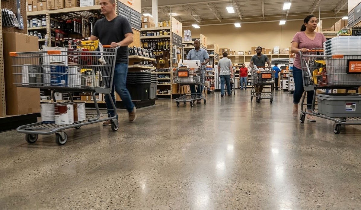 A busy Houston retail store features durable, polished concrete floors installed by a specialized cement polishing company.