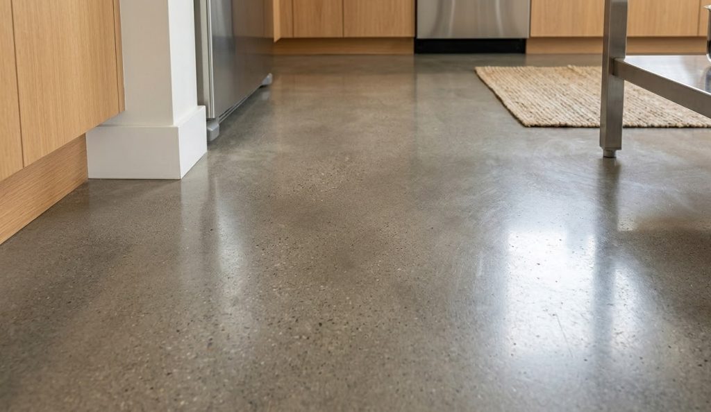 Detailed texture of a refinished concrete flooring Houston in a busy home kitchen, showing its polished durability.
