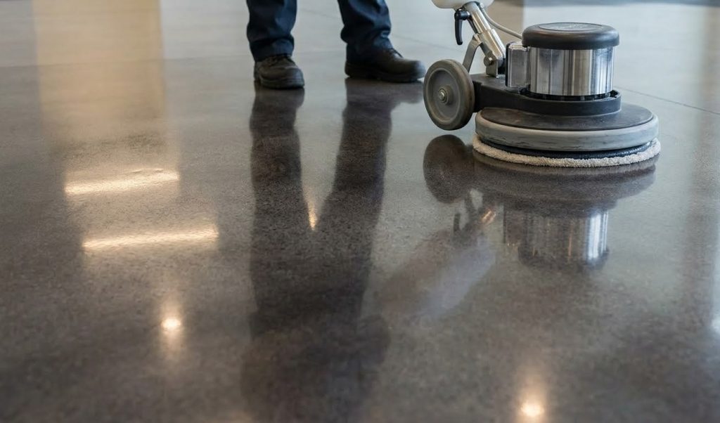 A ground-level photo of a worker using a soft pad automatic scrubber on glossy, refinished concrete flooring in Houston.