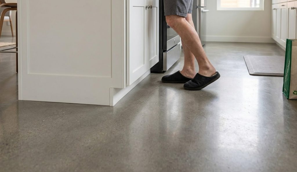 Person standing on easy to clean, polished grey refinished concrete flooring Houston in a real-world, working home kitchen.