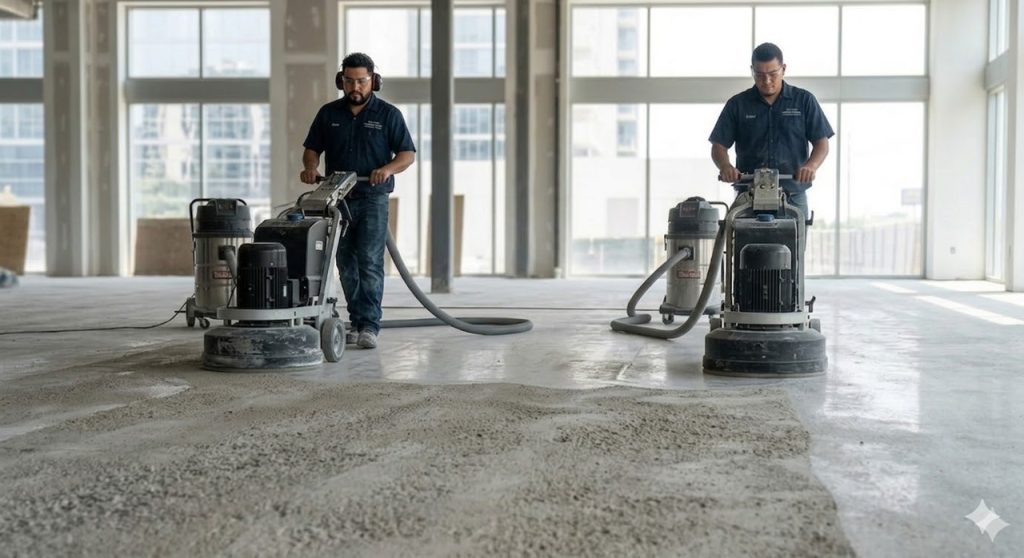 Two specialized technicians from a cement polishing company Houston grind and polish a raw retail floor.
