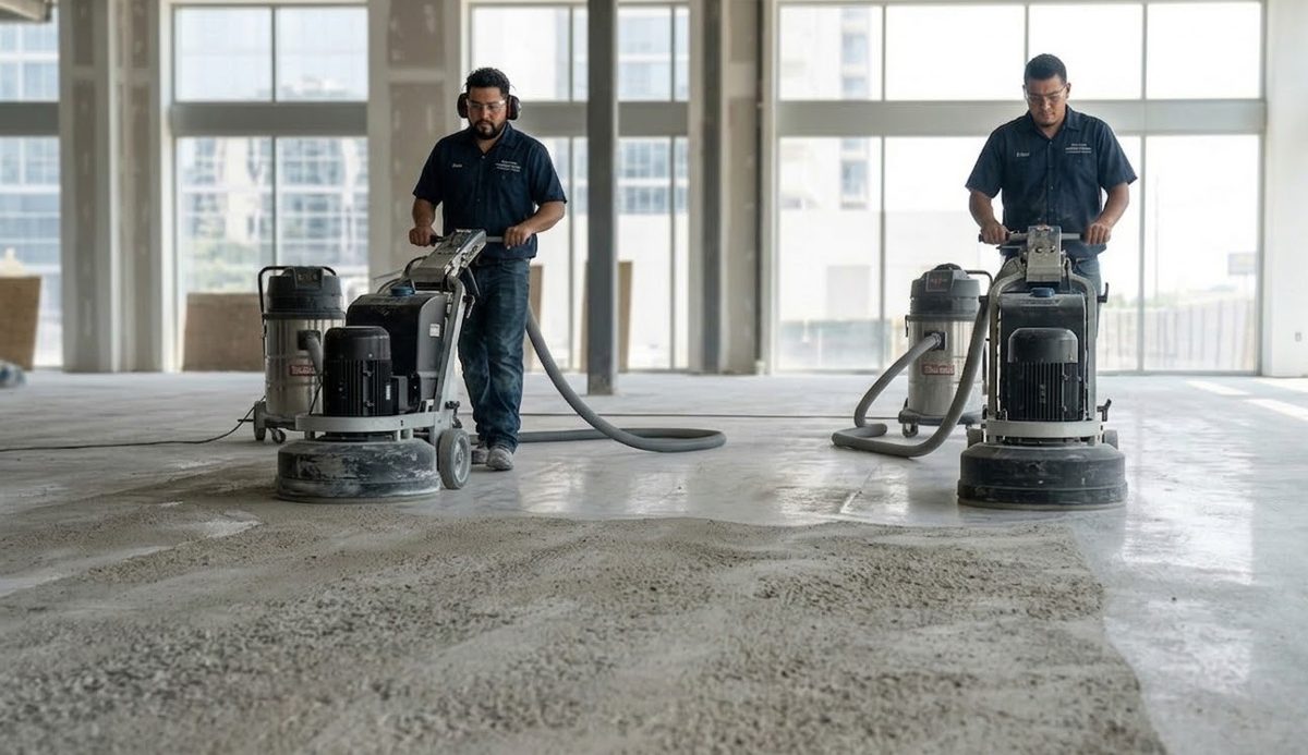 Two specialized technicians from a cement polishing company Houston grind and polish a raw retail floor.