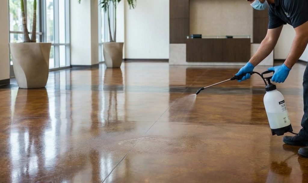 A worker applying a clear protectant to a pristine, polished refinished concrete flooring surface in Houston.