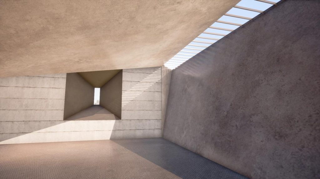 Minimalist industrial architecture with high-gloss polished cement floors Houston and dramatic geometric shadows. 