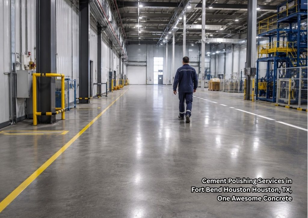 Cement polishing services Houston finished polished concrete floor improving safety in a clean warehouse