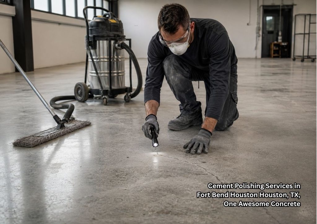 Cement polishing services Houston floor prep with worker inspecting concrete cracks before safety polishing