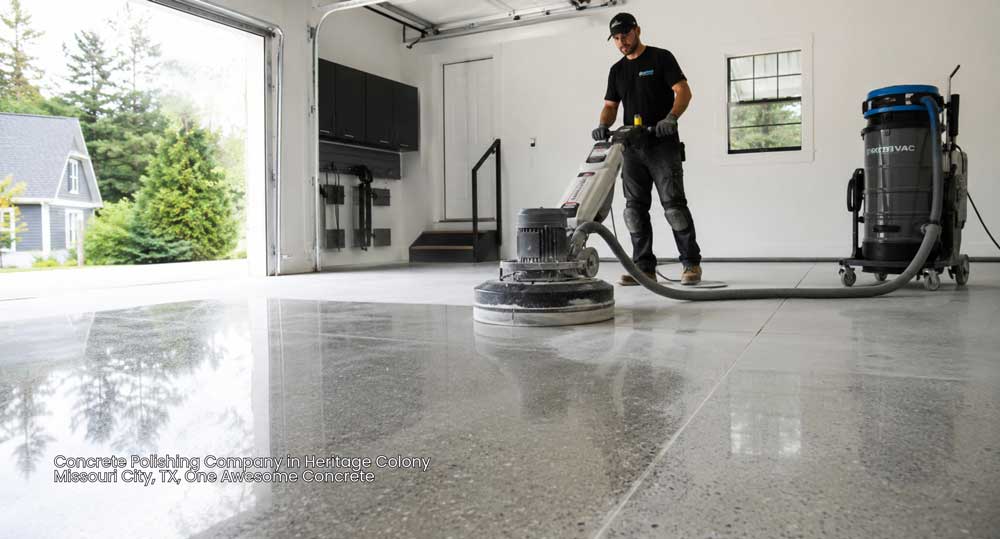 Professional concrete polishing company houston contractor operating heavy floor grinding equipment inside garage.
