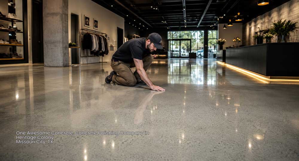 Expert concrete polishing company houston specialist inspecting high-gloss polished concrete floor in retail store.