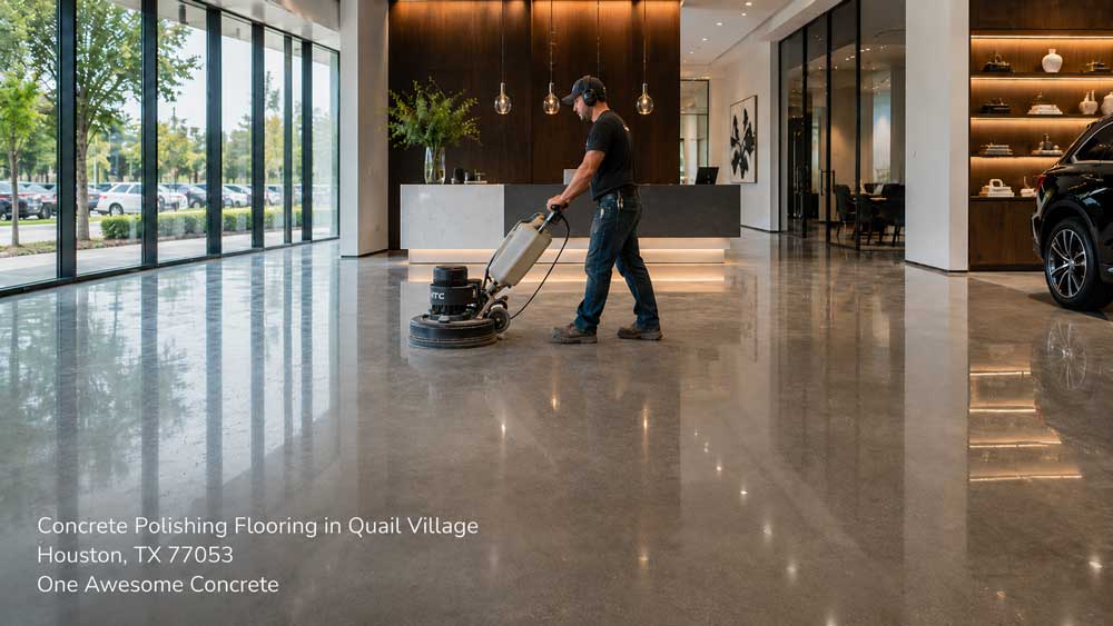 Sleek commercial showroom concrete polishing flooring houston installation featuring a flawless reflective sheen.