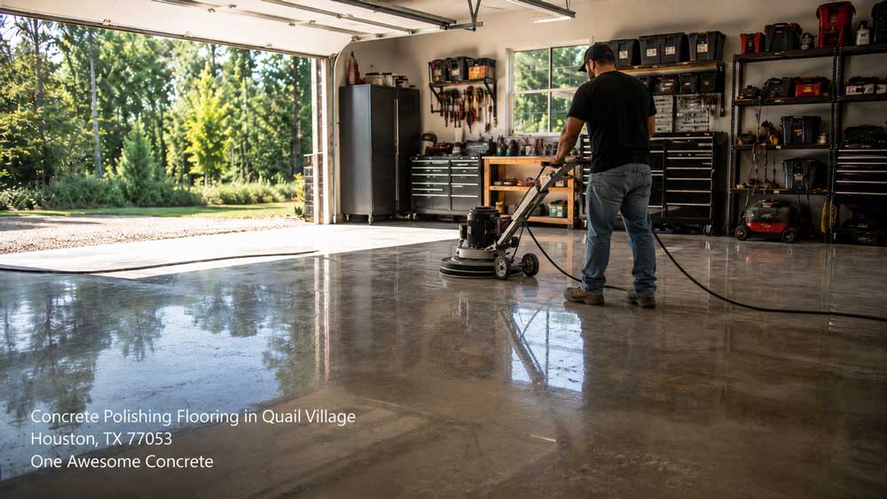 High-gloss concrete polishing flooring houston application inside a bright and modern residential garage space.