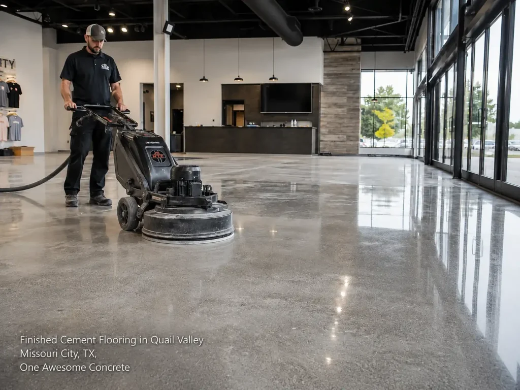 Professional contractor polishing a high-gloss finished cement flooring houston showroom with a large machine.