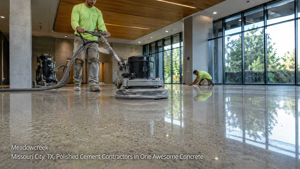 Professional polished cement contractors Houston smoothing a high-gloss concrete floor in an office lobby.