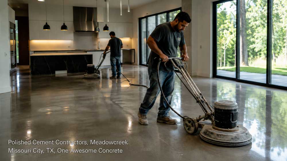 Polished cement contractors Houston crew finishing a sleek glossy floor in a modern residential kitchen.