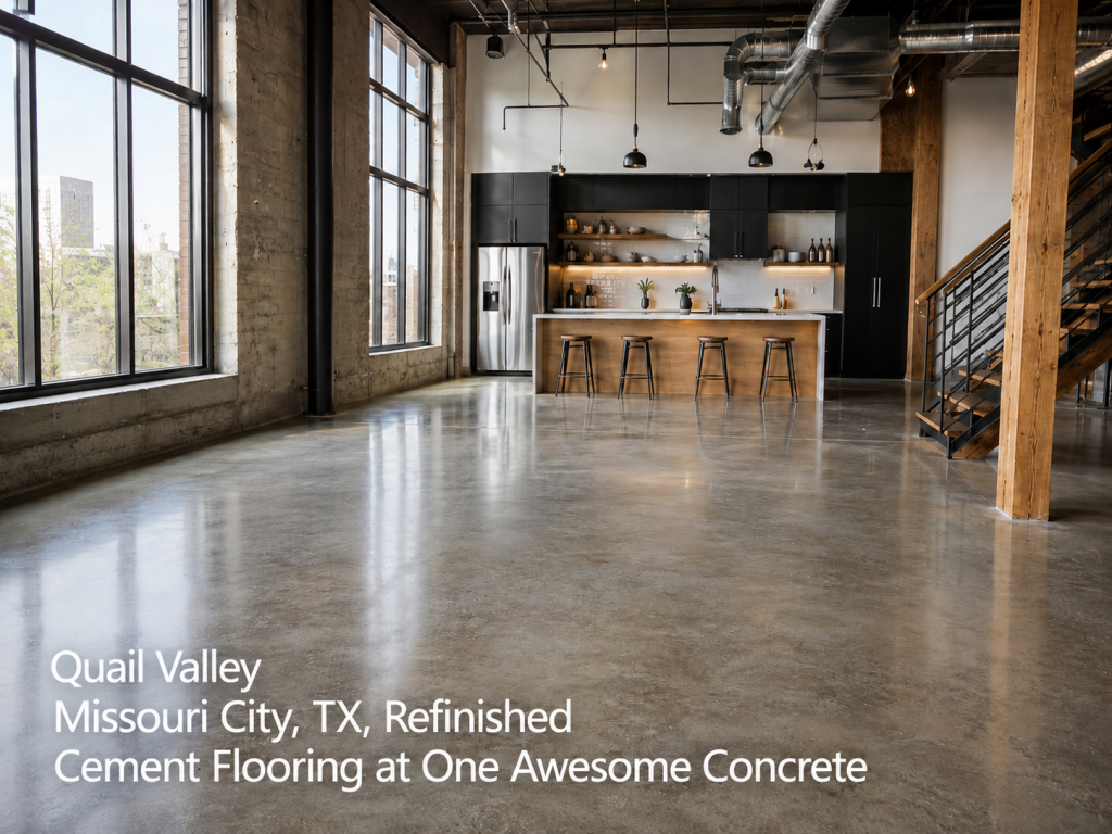 Industrial loft space showcasing sleek, polished refinished cement flooring Houston homeowners love for open layouts.