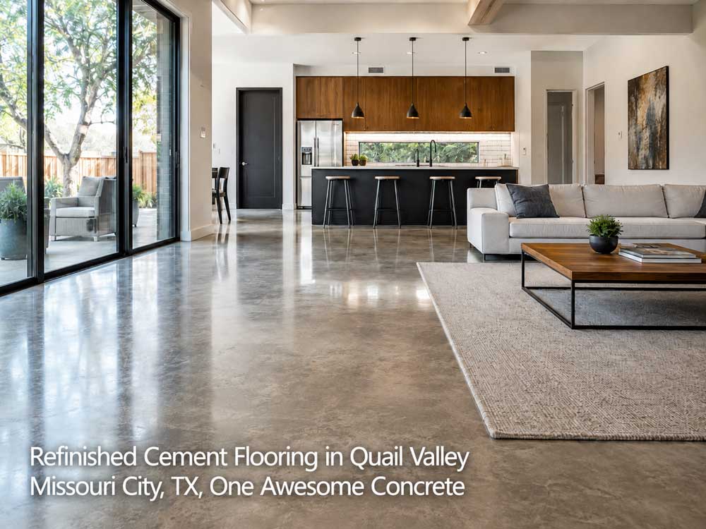 Polished, high-gloss refinished cement flooring Houston commercial interior design project with warm lighting accents.