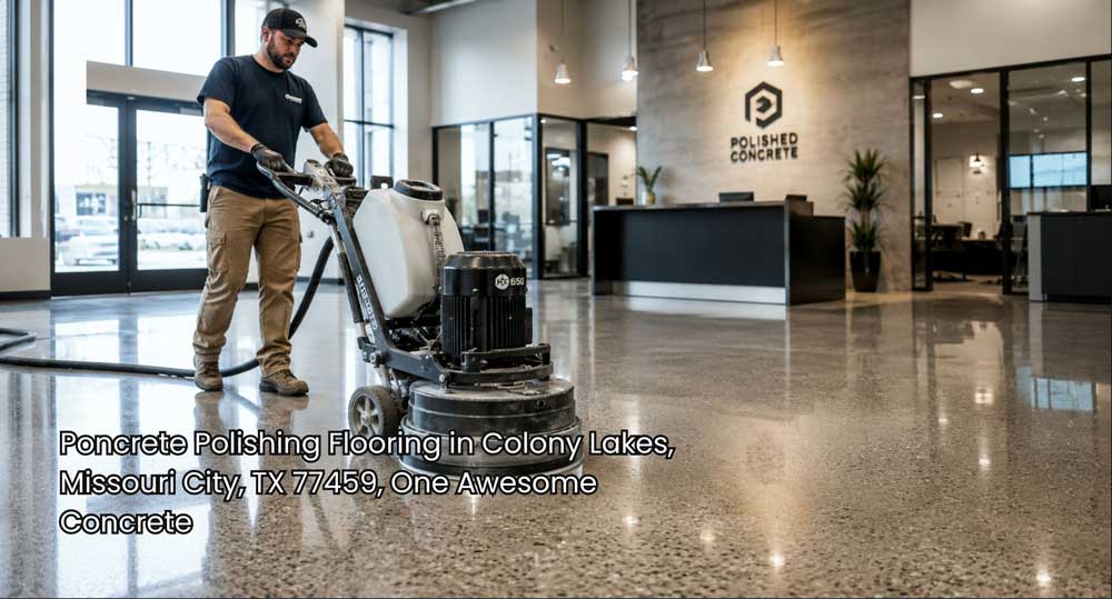 Technician operating industrial equipment to deliver high-gloss concrete polishing flooring houston results.