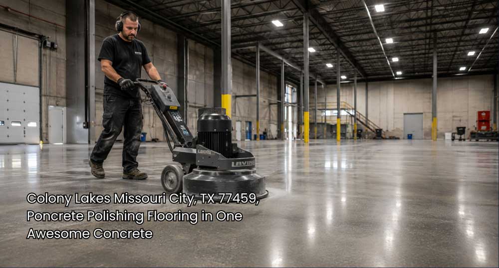 Industrial warehouse floor being processed using expert concrete polishing flooring houston machinery.