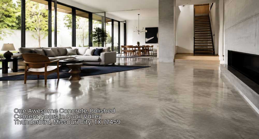 Modern residential living room interior featuring glossy polished cement floors in Houston by One Awesome Concrete.