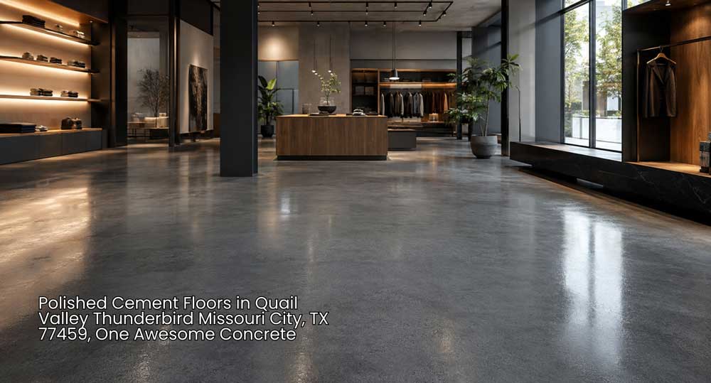 High-end commercial retail interior showcasing sleek reflective polished cement floors in Houston storefront.