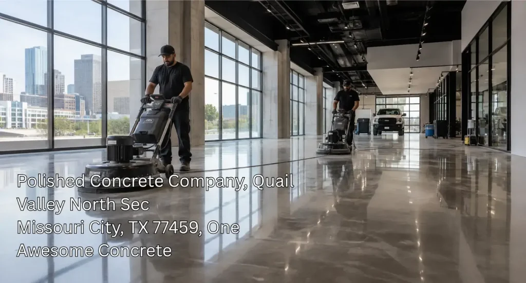 Professional floor grinding crew polishing sleek concrete floors for a polished concrete company Houston showroom project.