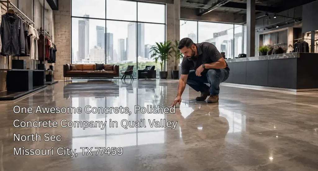 Contractor checking mirror finish reflections on retail store floors polished by a polished concrete company Houston.