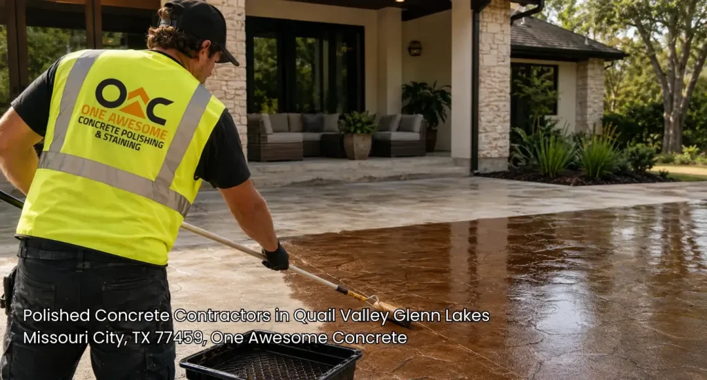 Worker applying rich protective stain to outdoor patio surface representing polished concrete contractors houston. 