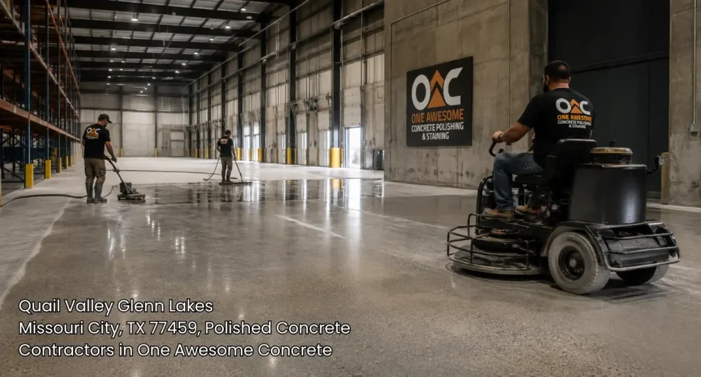 Commercial crew using ride on power trowel machine for large scale work by polished concrete contractors houston. 