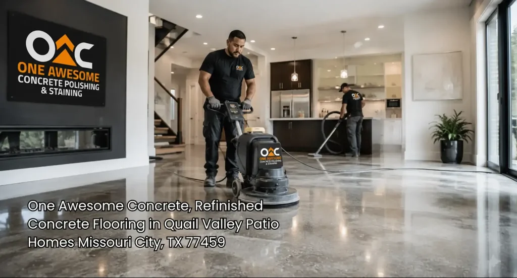 Professional crew polishing refinished concrete flooring Houston in a modern home, creating a smooth, glossy finish. 