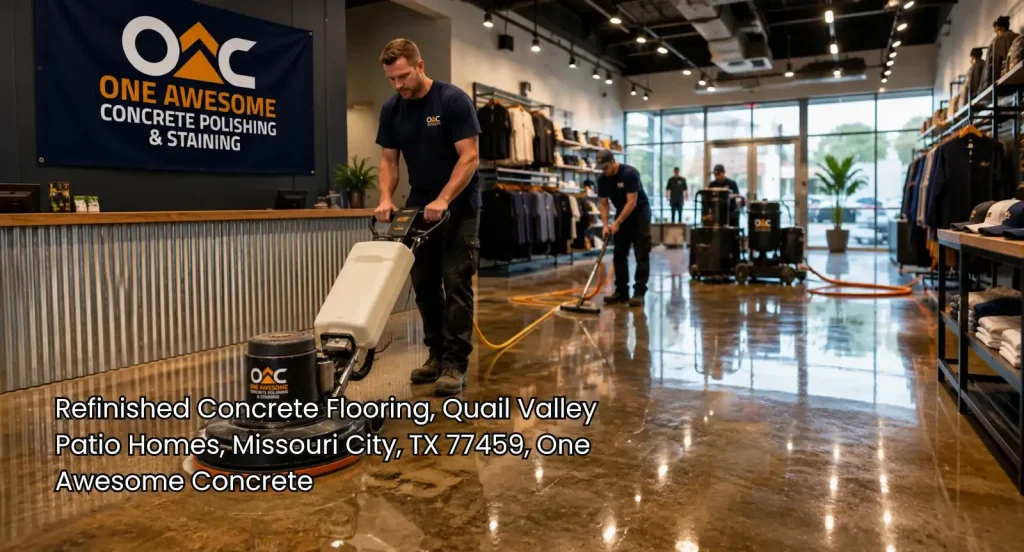 Workers restoring refinished concrete flooring Houston in a retail showroom, delivering a clean, polished commercial finish.