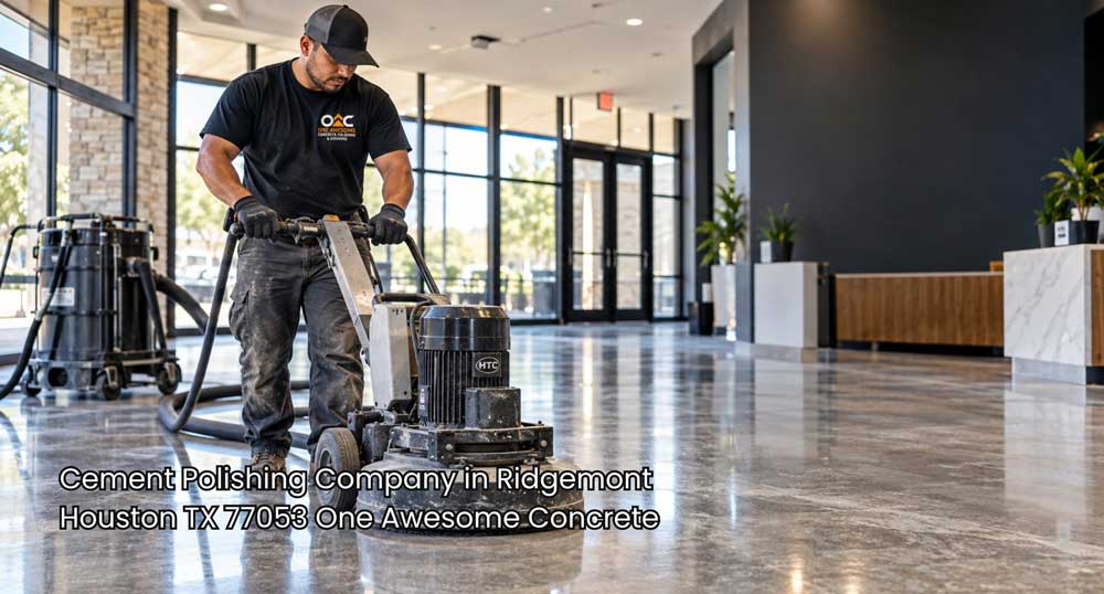 Worker operates a floor grinder on polished concrete for a cement polishing company Houston commercial flooring project.