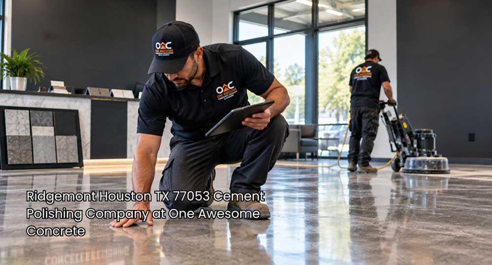 Worker inspects a reflective concrete floor as a cement polishing company Houston crew polishes a modern commercial space.