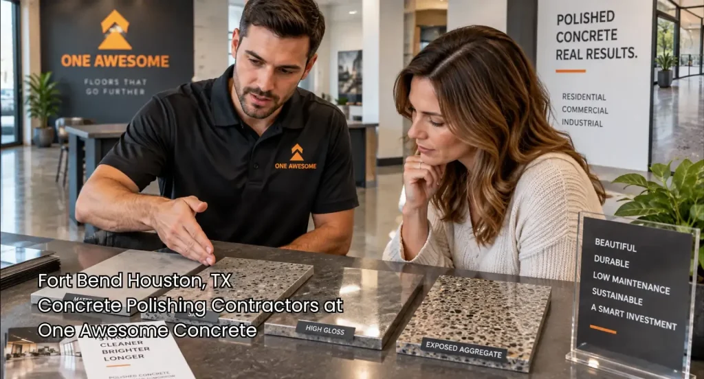 Concrete polishing contractors Houston expert compares matte, satin, gloss, and aggregate floor samples with a customer. 