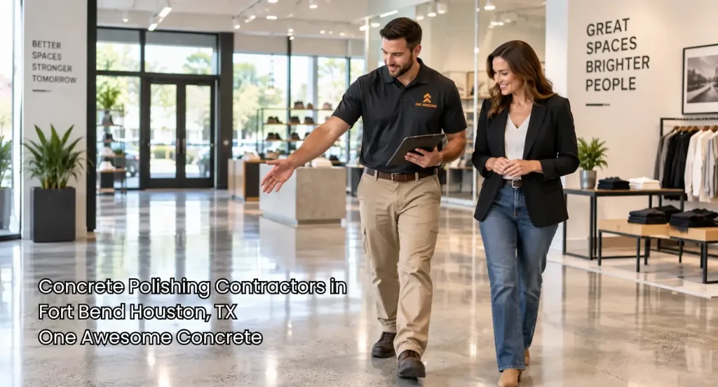 Concrete polishing contractors Houston professional walks with a client through a bright showroom with polished floors. 